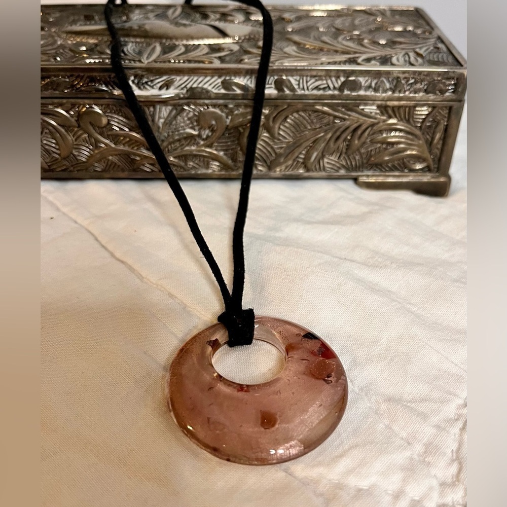 Handmade Dichroic Glass Donut Pendant Necklace Rose Pink Gold Fused Art Jewelry - Picture 3 of 17
